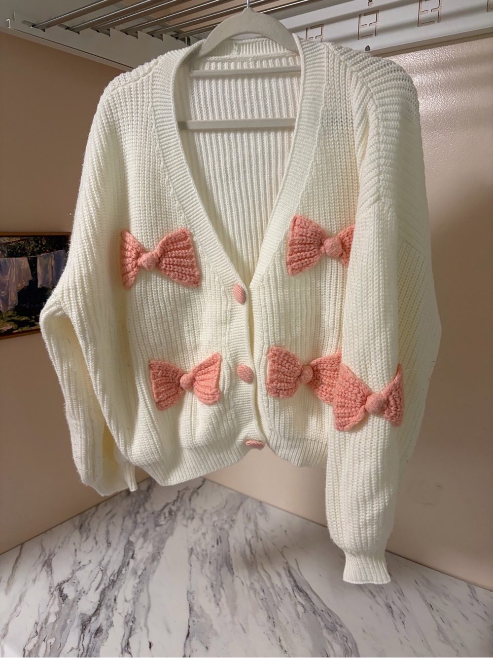 Cider Cream Knit Cardigan with Pink Bow Details